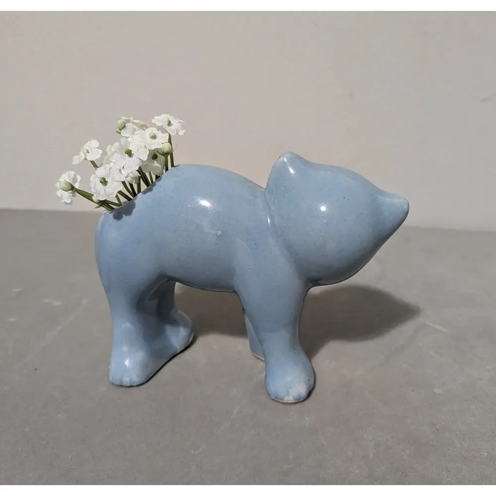 Vintage McCoy Morton Ceramic Blue Cat Planter Vase Arched MCM Kitten 1950s